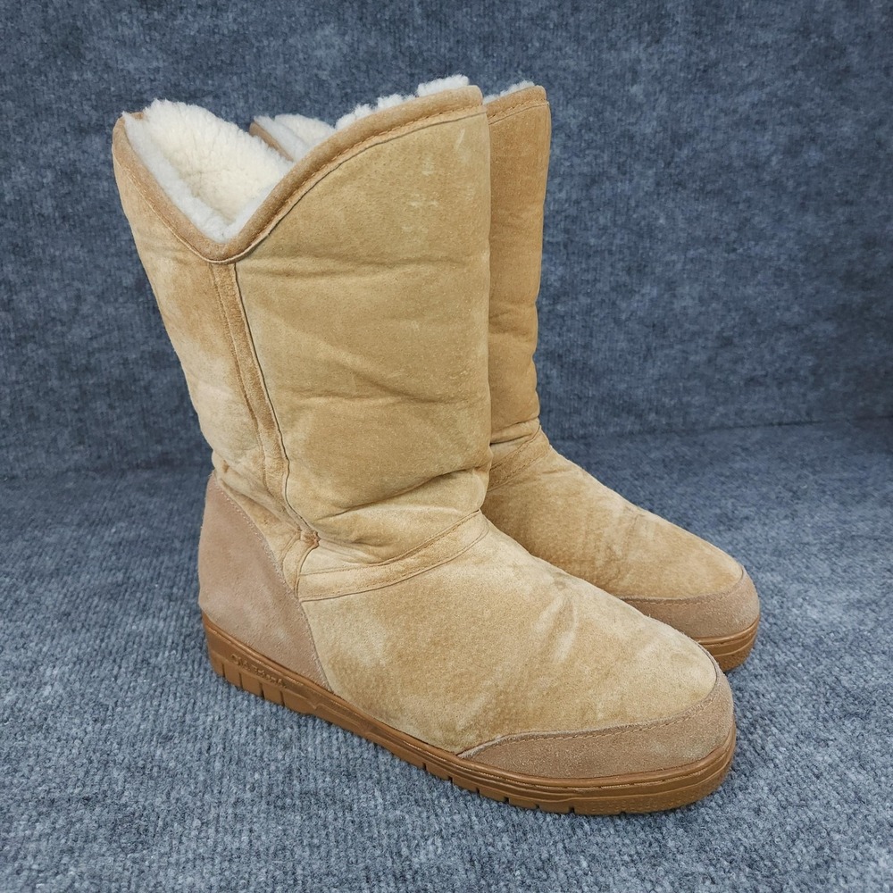 Old Friend Boots Womens Size 8 Tan Shearling Lined Suede Mid Calf Winter Pull On